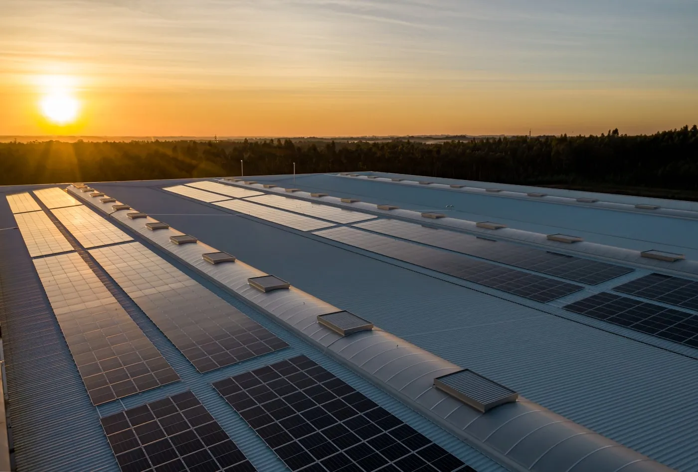 Solar panels installed across a commercial rooftop